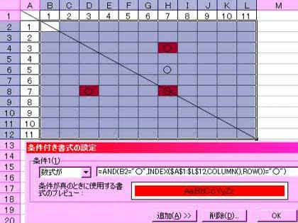 「エクセルで対角線上の同じデータのセルの色」の回答画像1