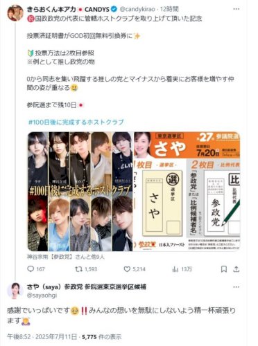 「ホストクラブを使った参政党の公職選挙法違」の質問画像