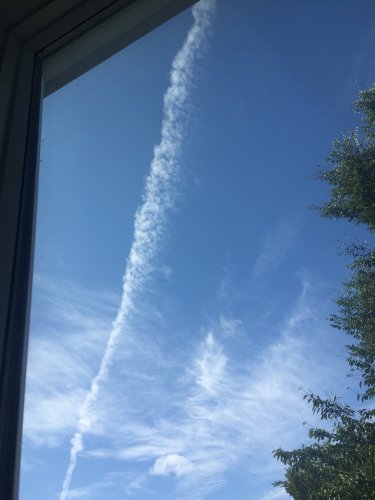 「この直線上の雲は何ですか？ 飛行機雲⁇」の質問画像
